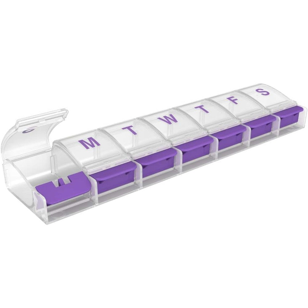 Ezy Dose Weekly Seven Day Pill Case front view showcasing clear lids and colored push buttons.