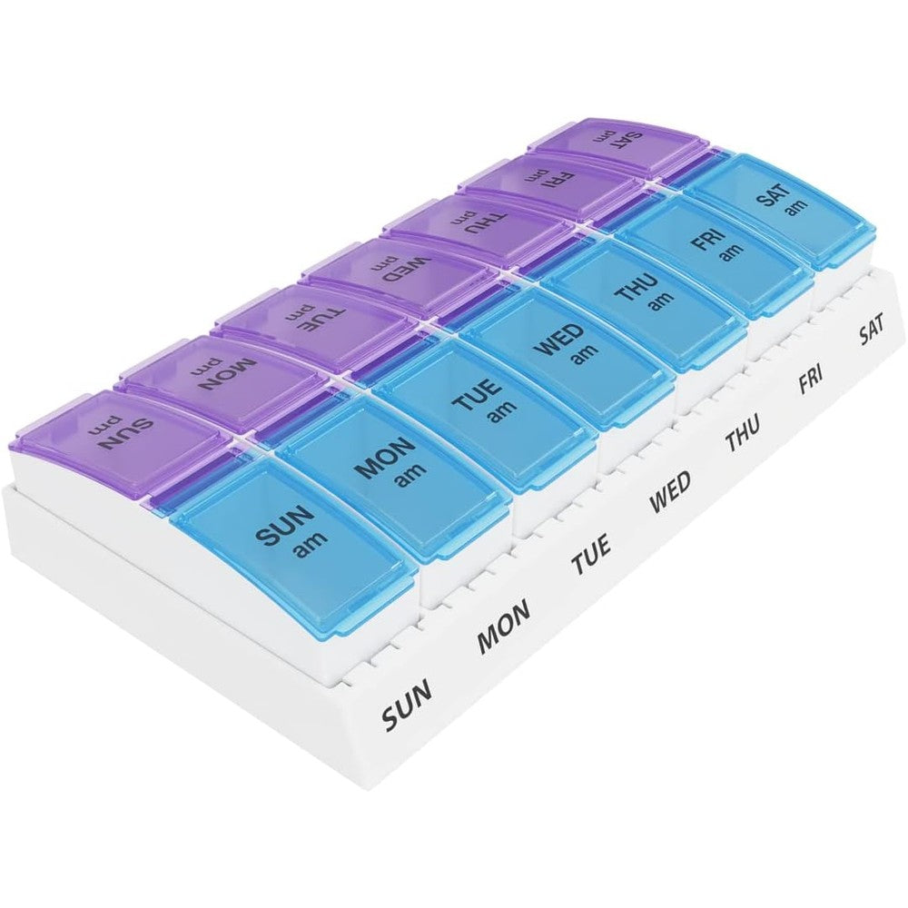 Ezy Dose Weekly AM PM Pill Organizer front view showing blue and purple compartments