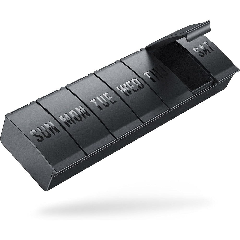 Barhon weekly pill organizer large front view showing seven black compartments
