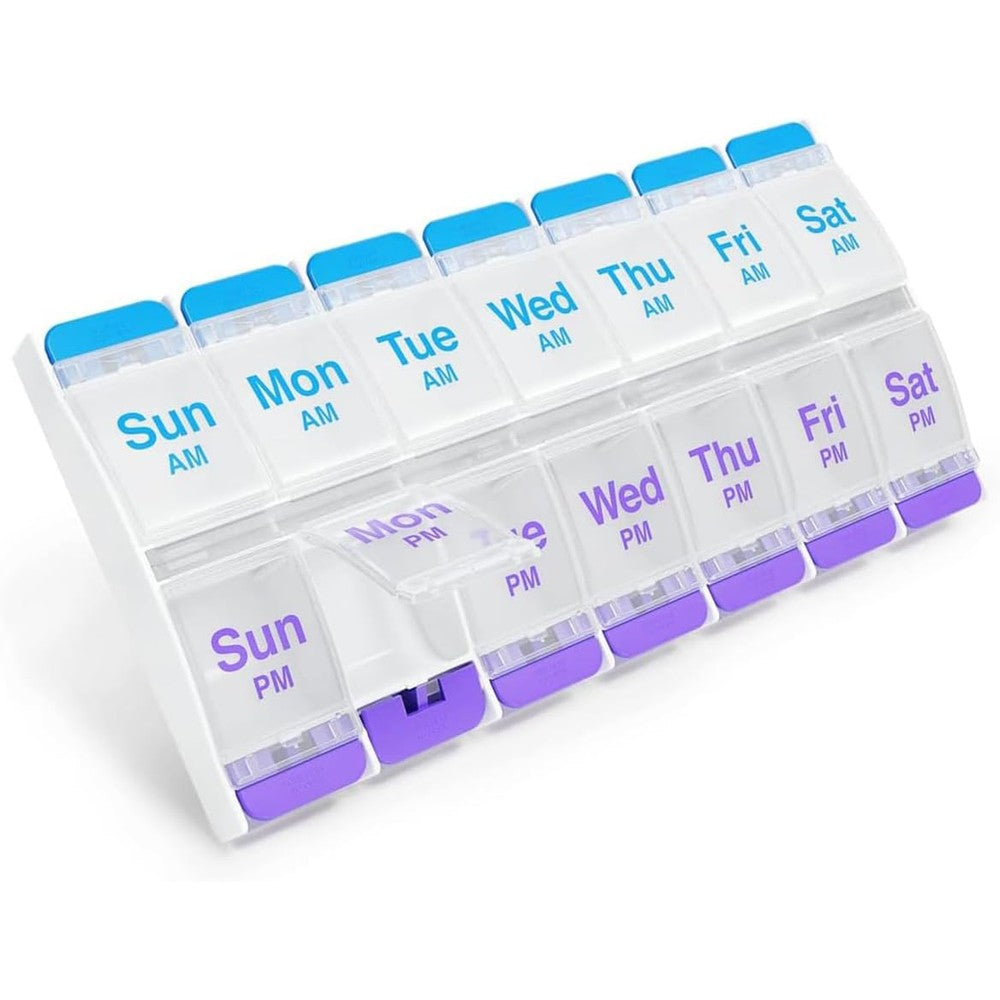 EZY DOSE Push Button 7 Day Pill Case front view showcasing the fourteen blue and purple compartments.