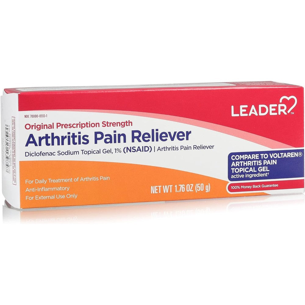 Leader diclofenac sodium topical pain relief gel tube front view for arthritis joint care