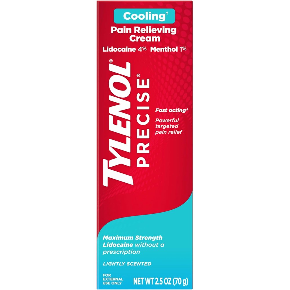 Tylenol Precise Cooling Lidocaine Cream front packaging view for maximum strength pain relief