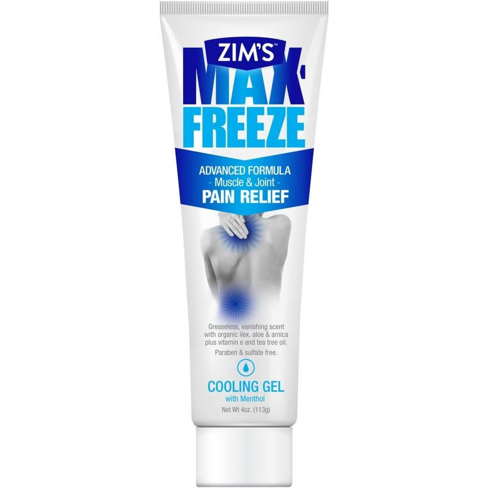 Zim's Max-Freeze Pro Formula Pain Relief Cooling Gel 4 Ounce front view package showing maximum strength labeling.
