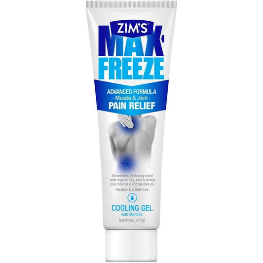 Zim's Max-Freeze Pro Formula Pain Relief Cooling Gel 4 Ounce front view package showing maximum strength labeling.