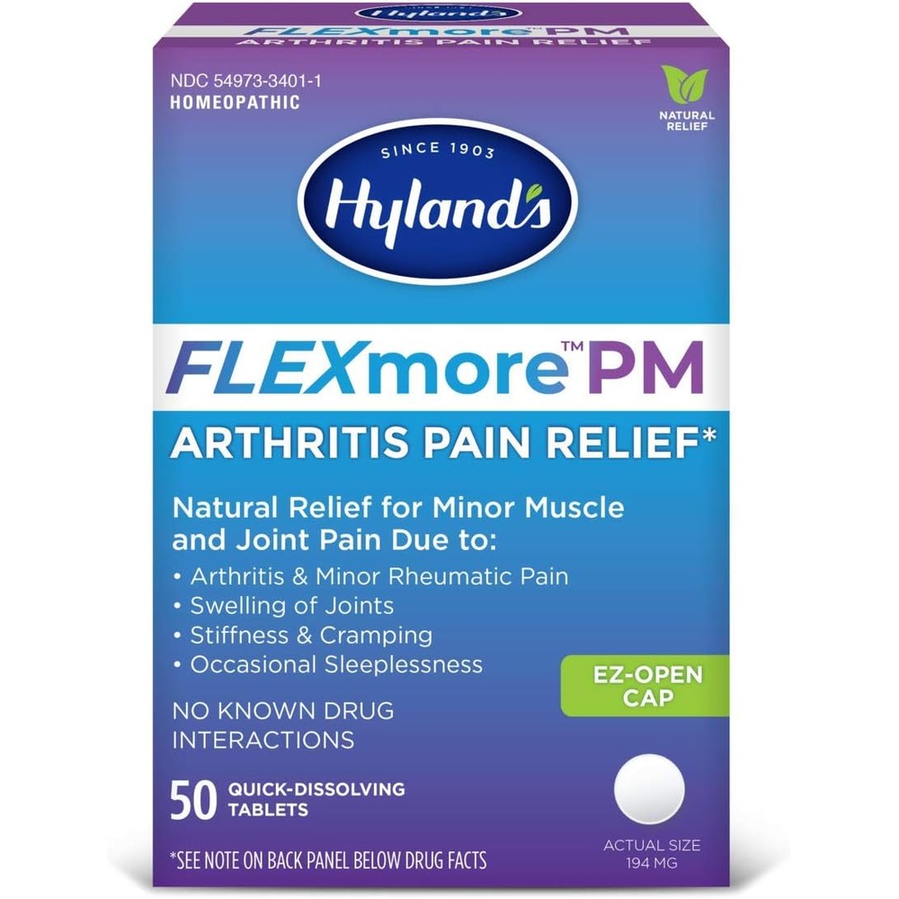 Hyland's FLEXmore PM Arthritis Pain Relief bottle front view showing natural joint relief benefits