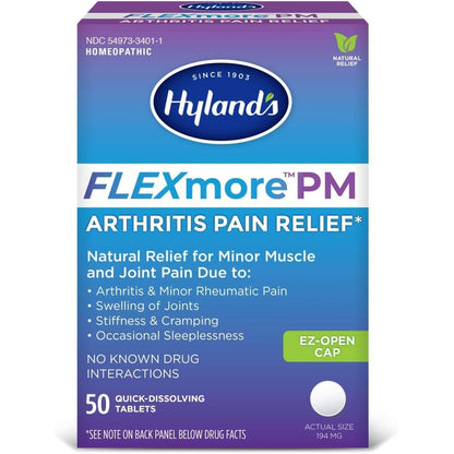 Hyland's FLEXmore PM Arthritis Pain Relief bottle front view showing natural joint relief benefits