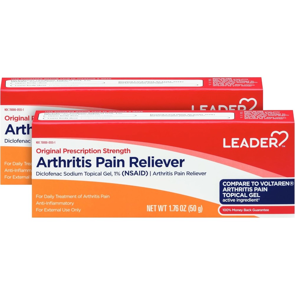 Leader Diclofenac Sodium Topical Pain Relief Gel tube front view showing arthritis relief packaging.