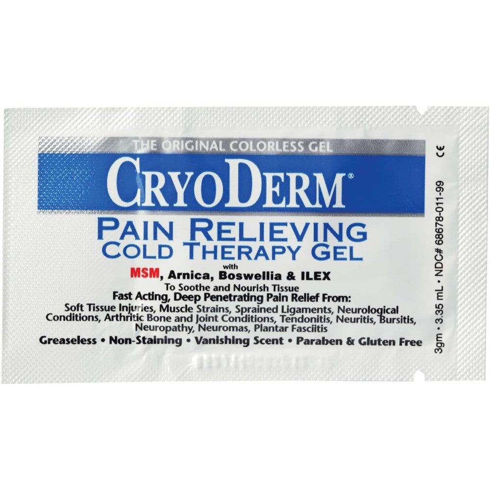 CryoDerm Individual Liquid Gel Packets 100 Pack box front view for authentic cold therapy pain relief.