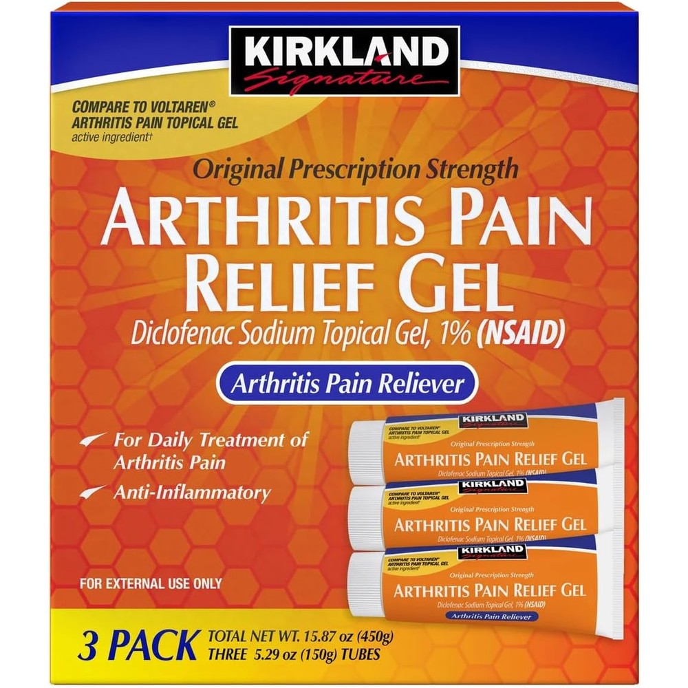 Kirkland Signature Diclofenac Sodium Topical Gel One Percent packaging front view for arthritis joint pain relief