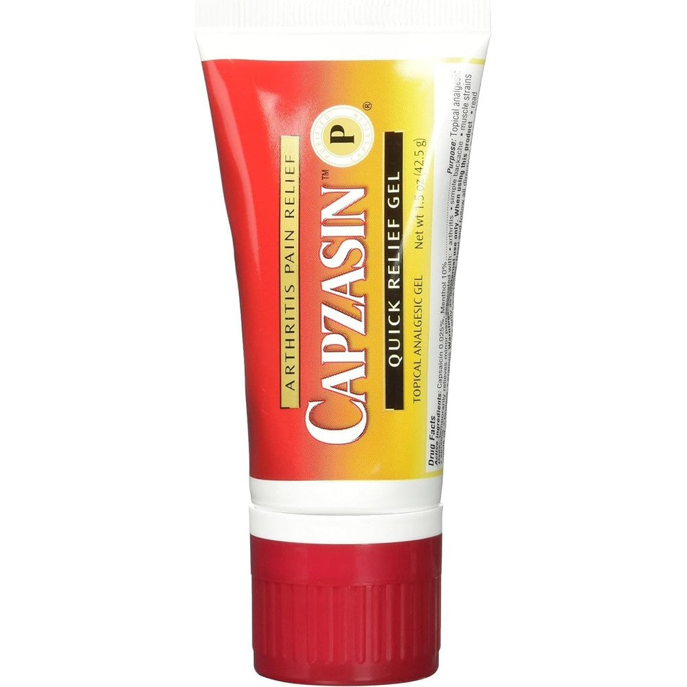 Capzasin Arthritis Pain Relief Quick Relief Gel front view tube with no mess sponge applicator for targeted topical joint pain relief
