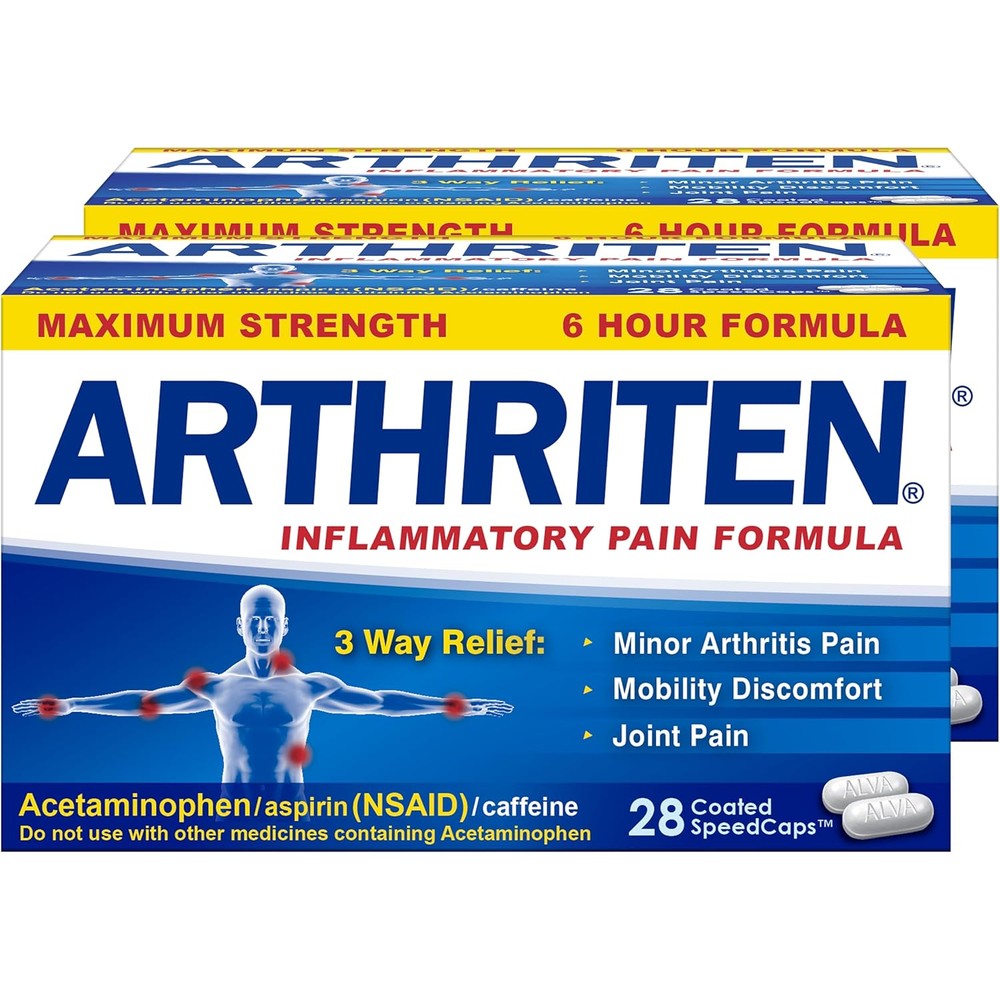 Arthriten Inflammatory Pain Formula Maximum Strength 28 Caplets front view packaging for joint relief