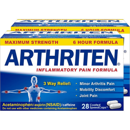 Arthriten Inflammatory Pain Formula Maximum Strength 28 Caplets front view packaging for joint relief