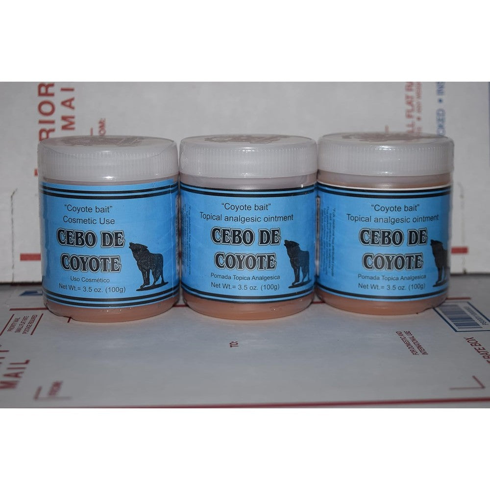 Plantimex Cebo de Coyote Pomada three pack topical analgesic ointment front view for body aches relief
