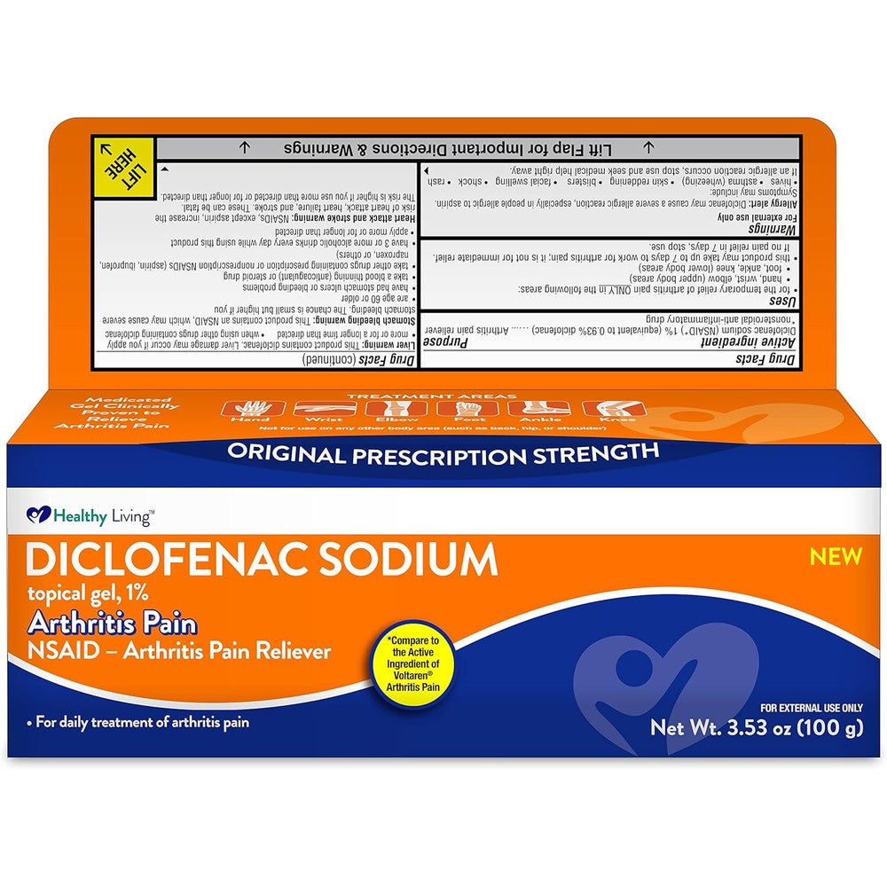 Aurohealth Healthy Living Diclofenac Sodium 1 percent topical gel 100 grams front view showing prescription strength arthritis pain relief packaging.