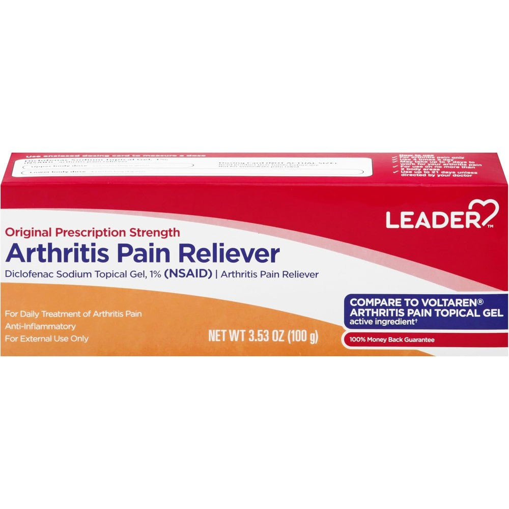 Leader arthritis pain relief gel front view of the packaging tube for joint care