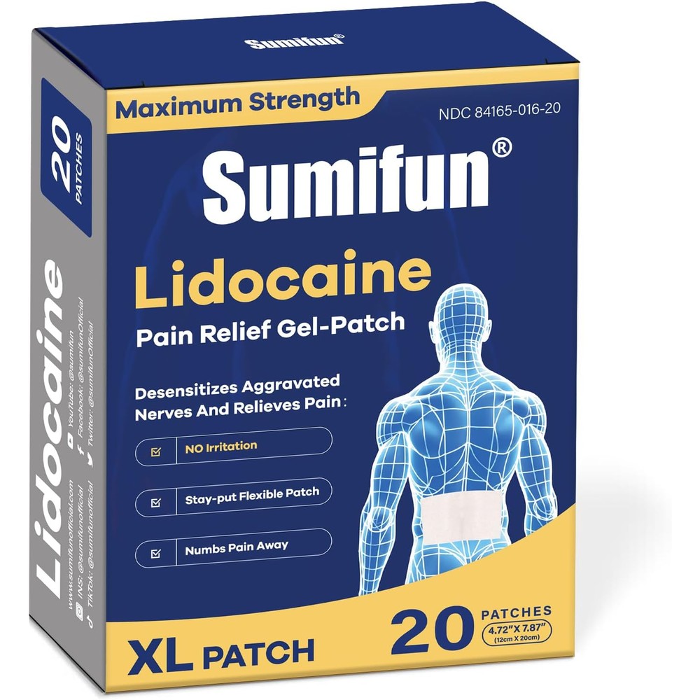 Sumifun Extra Large Lidocaine Pain Relief Patches front packaging view showing 20 count maximum strength topical anesthetic