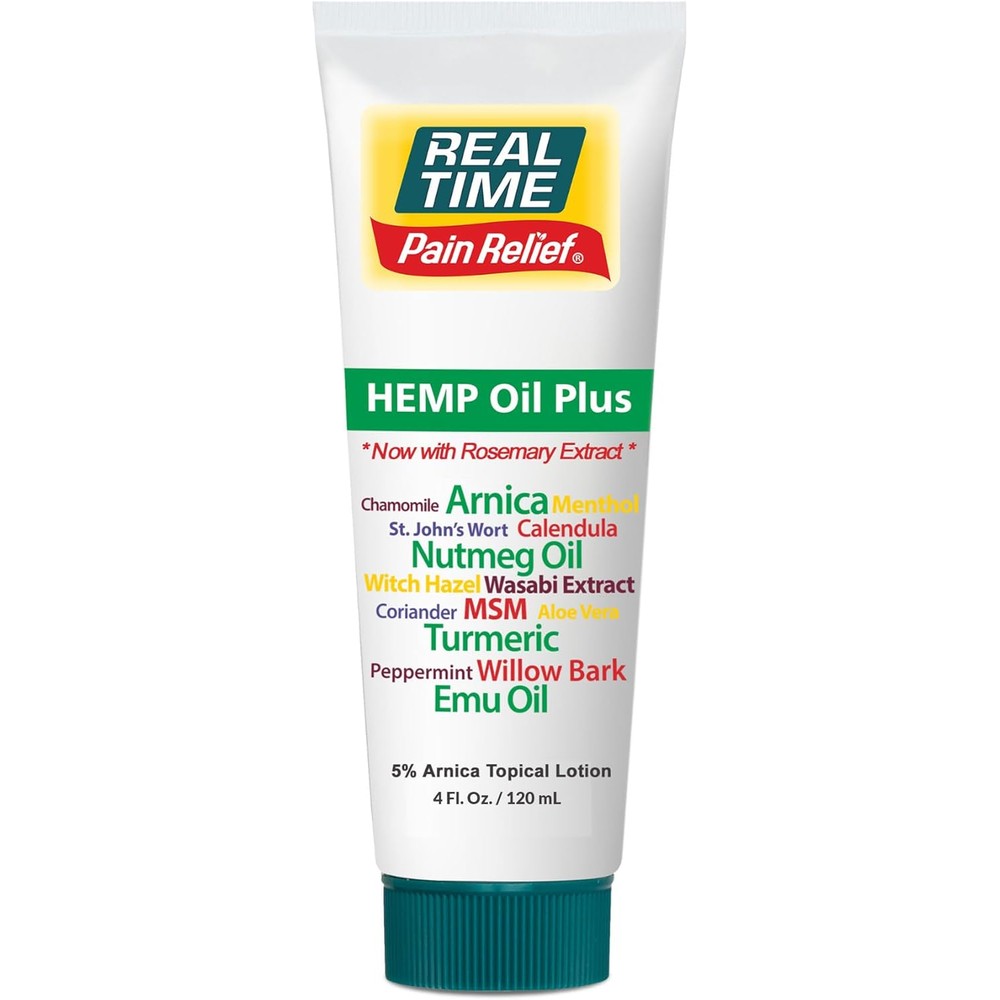 Real Time Pain Relief Hemp Oil Plus front view of the four ounce tube for muscle comfort