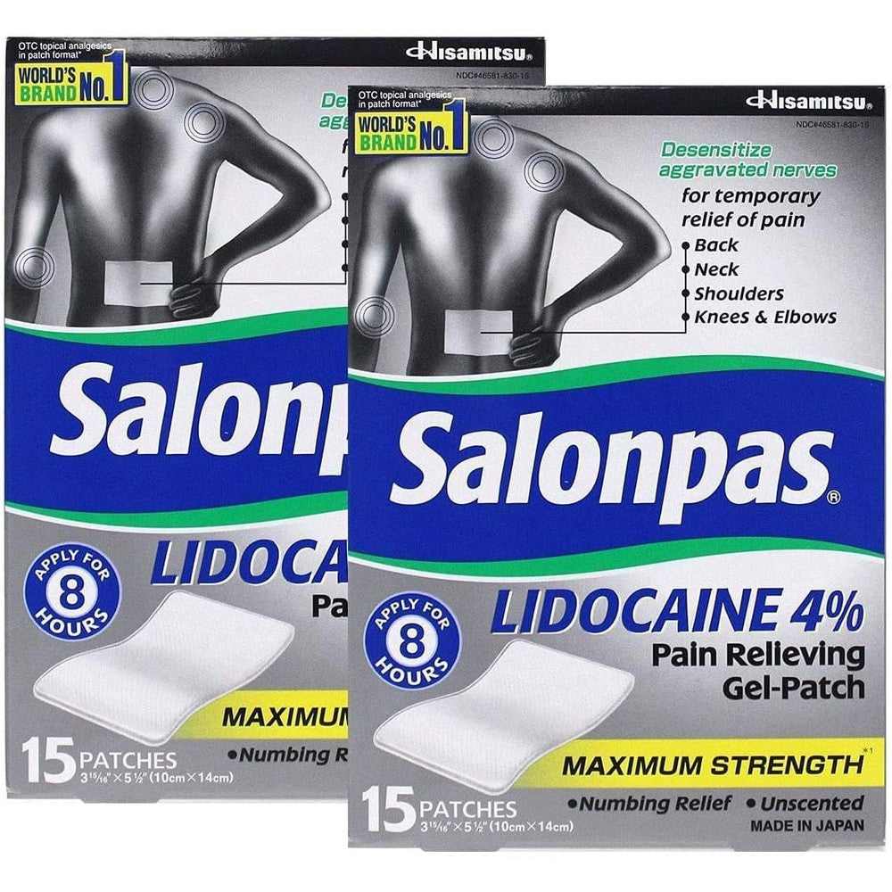 Salonpas Lidocaine Pain Relieving Maximum Strength Gel Patch front packaging showing thirty patches total