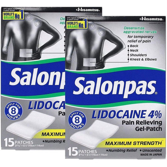 Salonpas Lidocaine Pain Relieving Maximum Strength Gel Patch front packaging showing thirty patches total