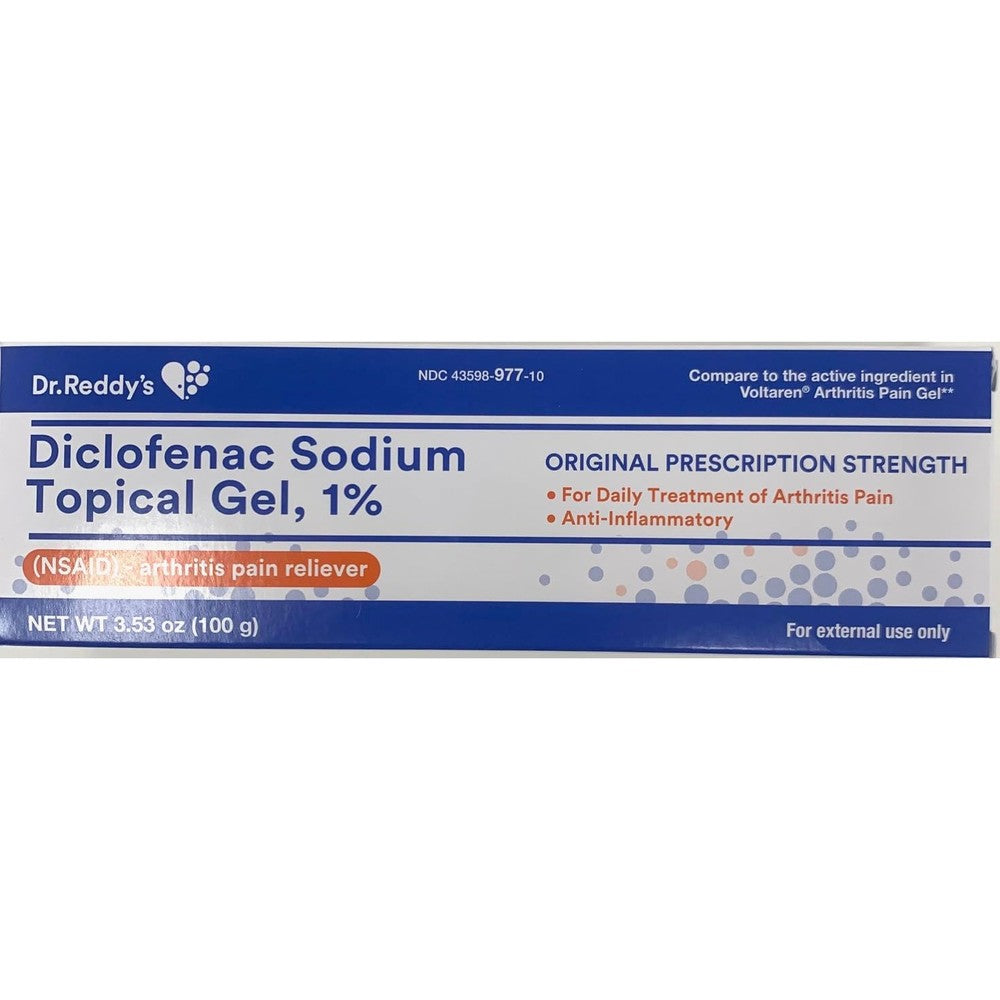 Dr. Reddy's Diclofenac Sodium Topical Gel 1% 100 Grams front view tube for authentic arthritis pain relief.