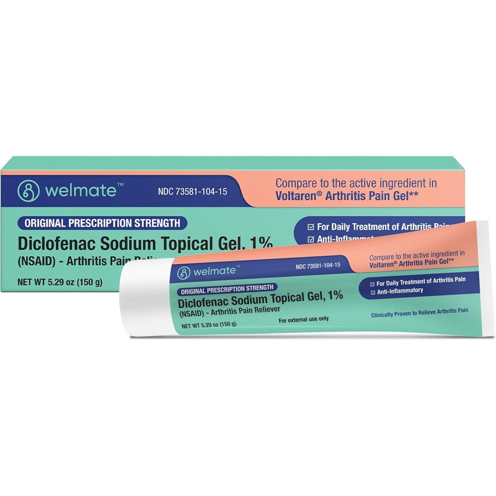 WELMATE Diclofenac Sodium Topical Gel 1 percent front view of the 5.29 ounce tube for arthritis joint pain relief