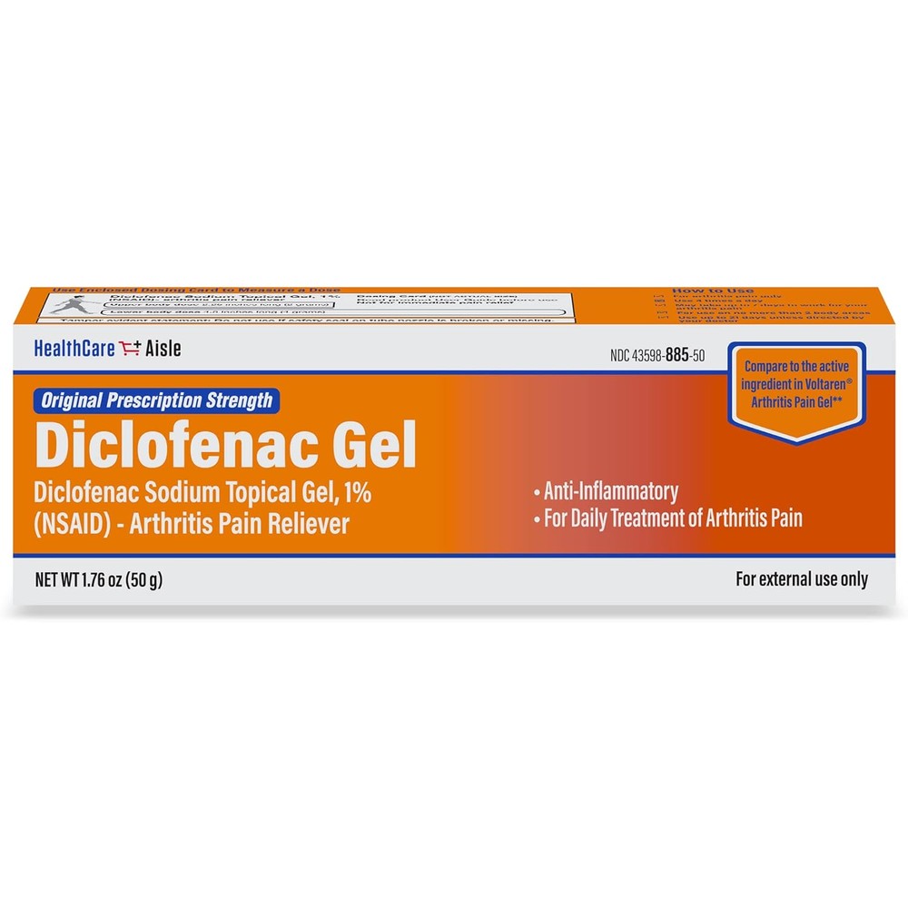 HealthCareAisle Diclofenac Sodium Topical Gel 1 percent fifty gram tube front packaging for arthritis joint pain relief