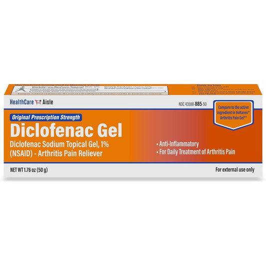 HealthCareAisle Diclofenac Sodium Topical Gel 1 percent fifty gram tube front packaging for arthritis joint pain relief