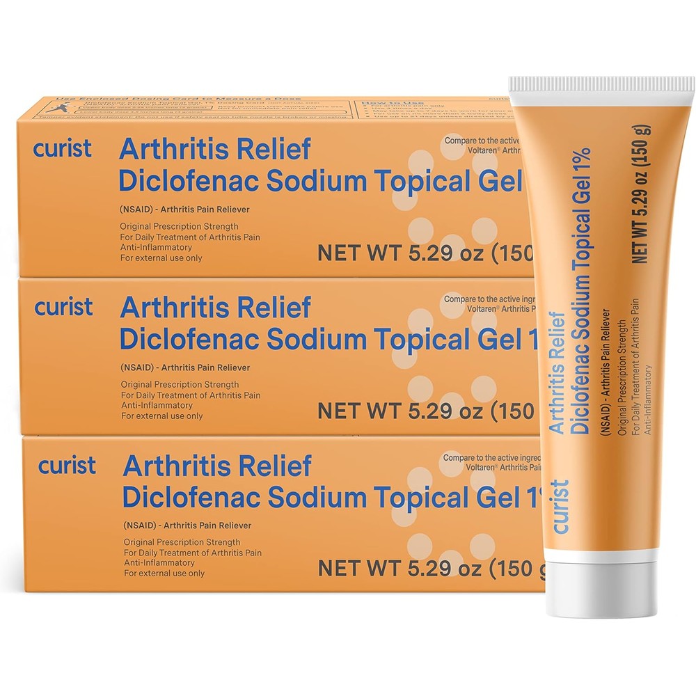 Curist diclofenac sodium arthritis relief gel three pack front view for joint pain relief