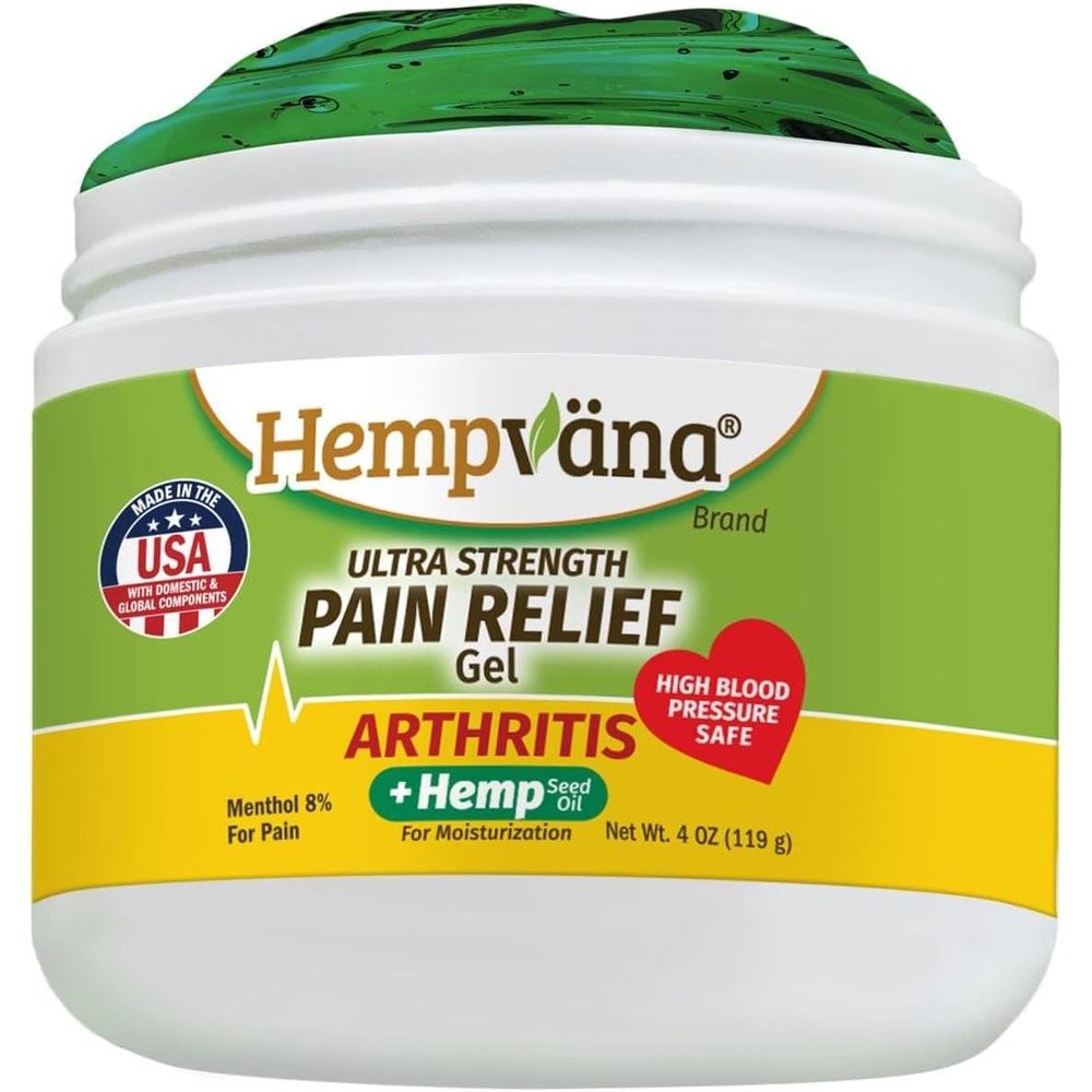 Hempvana Ultra Strength Arthritis Pain Relief Gel front view of the four ounce jar