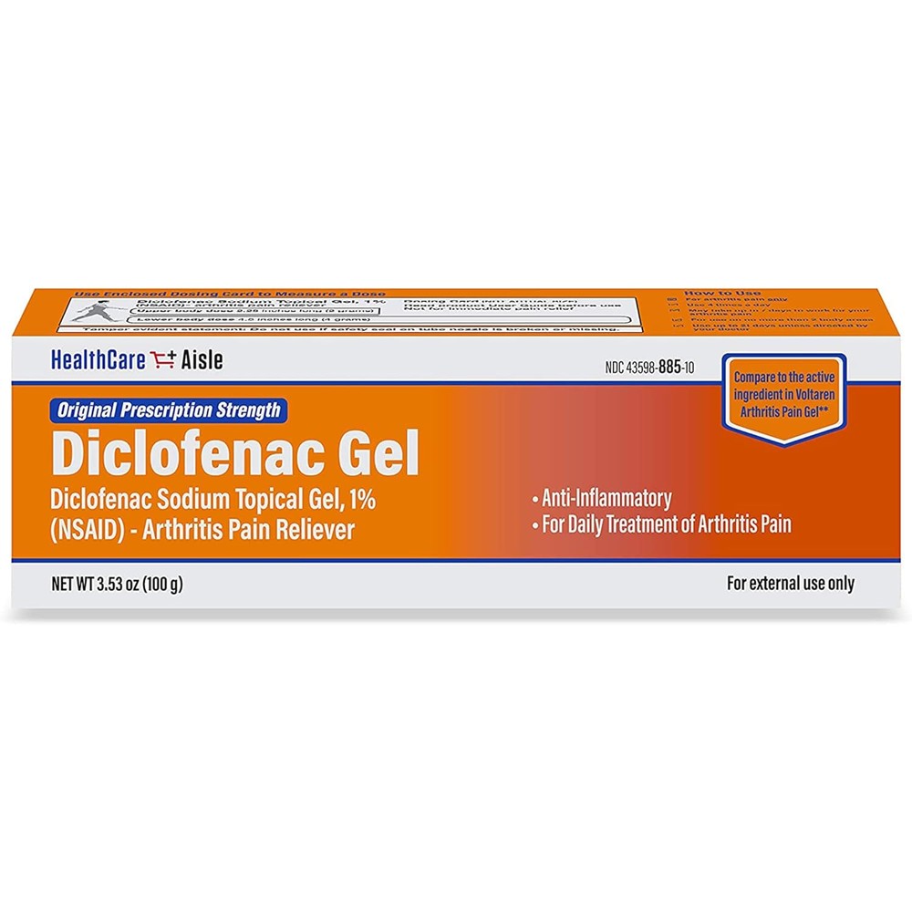 HealthCareAisle Diclofenac Gel 1 percent front view of the box showing arthritis pain relief claims