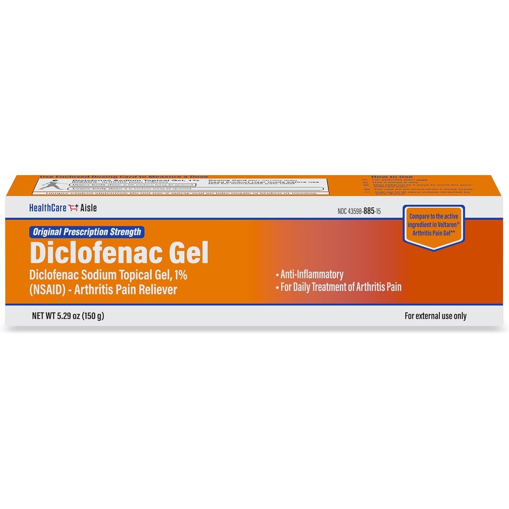 HealthCareAisle Diclofenac Sodium Topical Gel 1 percent front view of the 150 gram tube for arthritis pain relief.