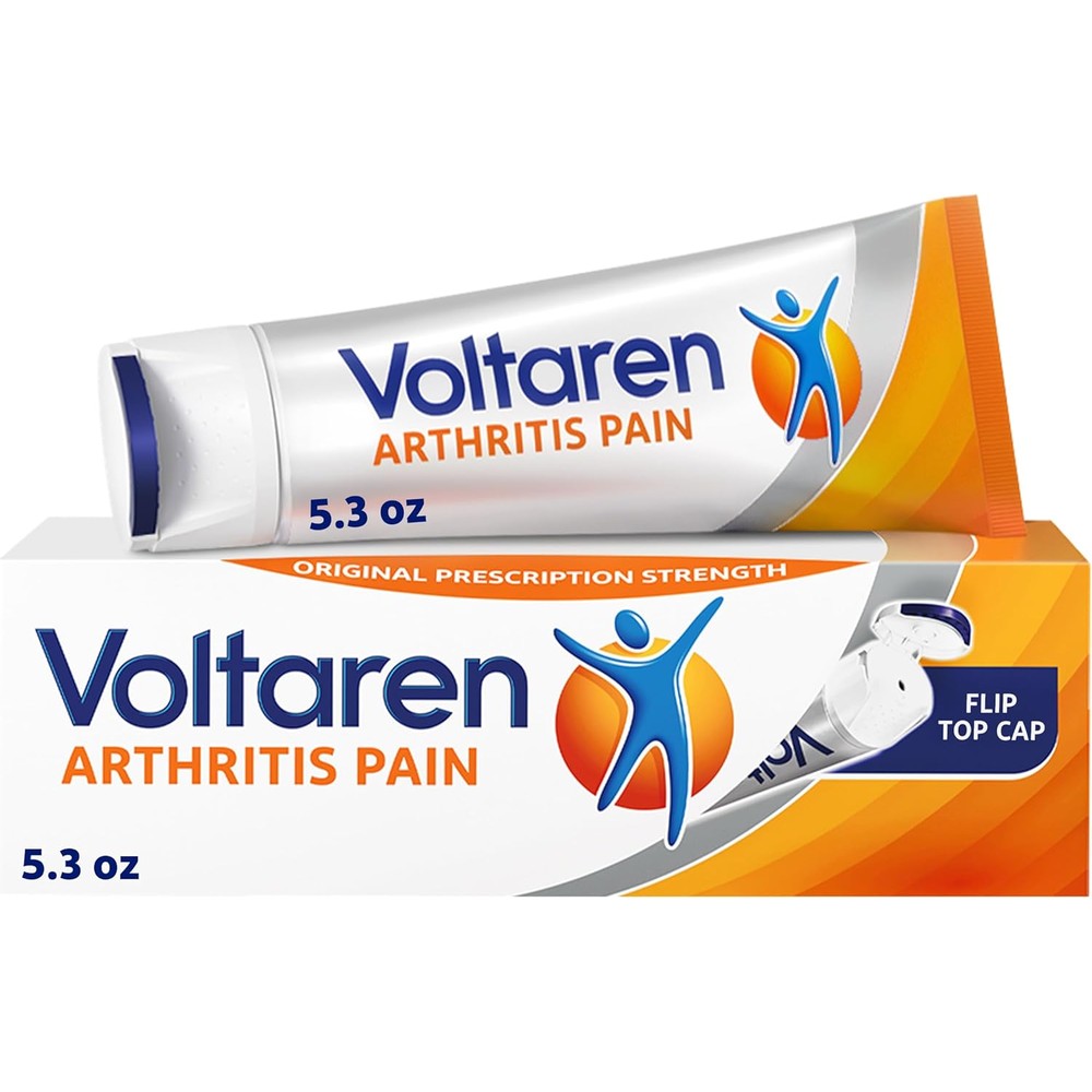 Voltaren Arthritis Pain Relief Gel front view showing blue and orange packaging with easy open cap.