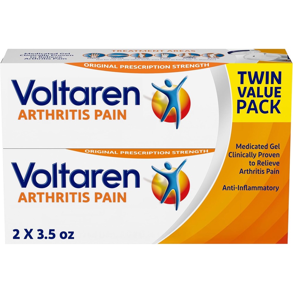 Voltaren Arthritis Pain Relief Gel front view of twin pack tubes with easy open cap