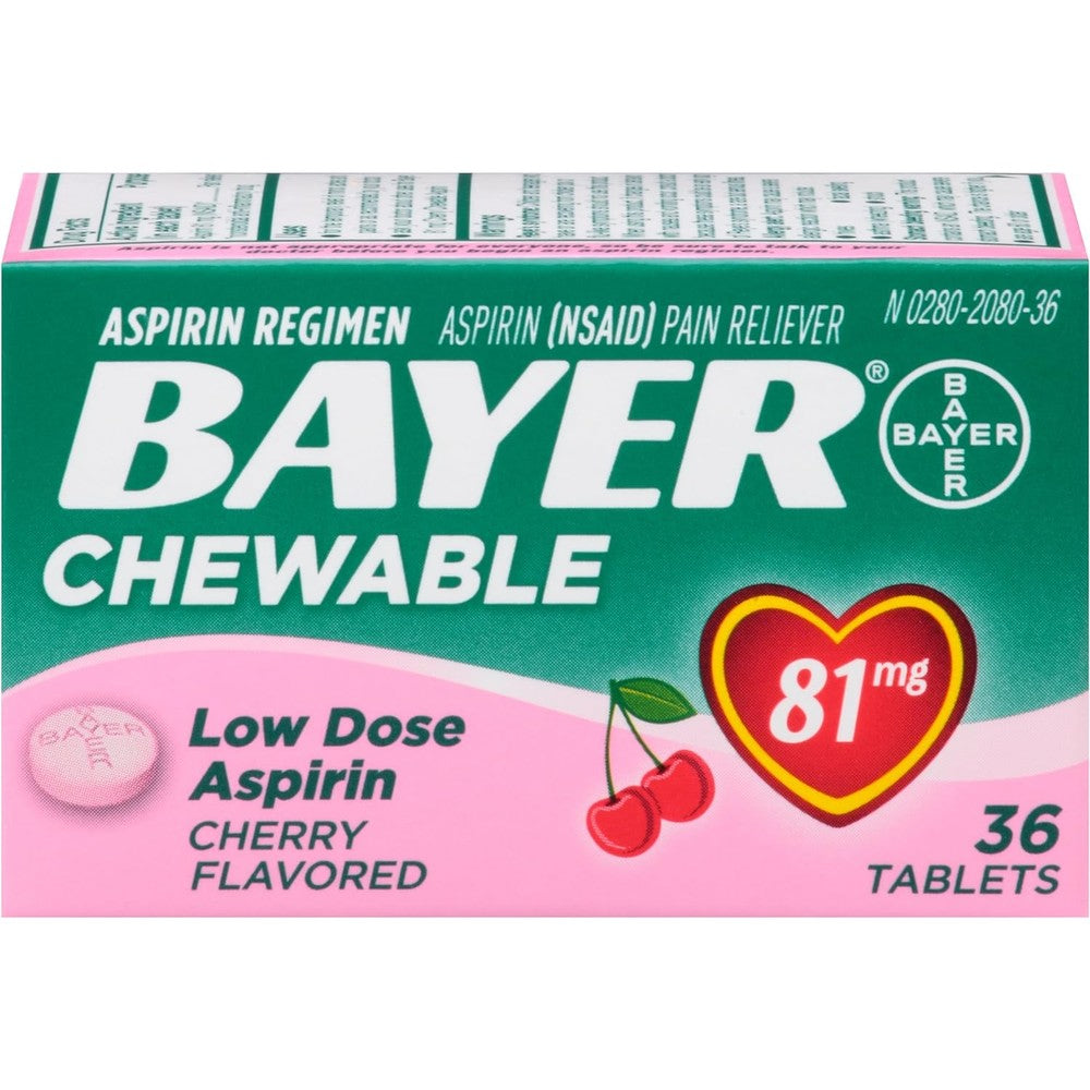 Bayer Aspirin Regimen 81mg chewable tablets front view pack for pain relief