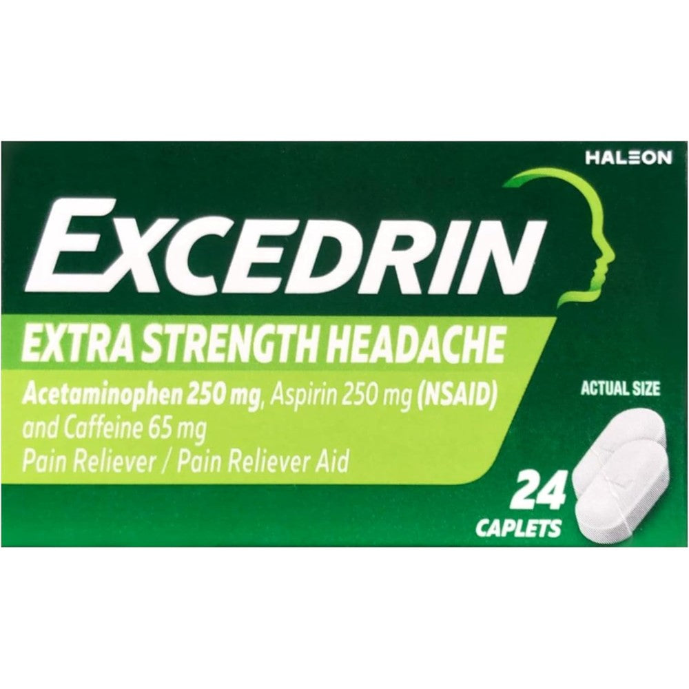 Excedrin Extra Strength pain relief caplets front view package for headache relief