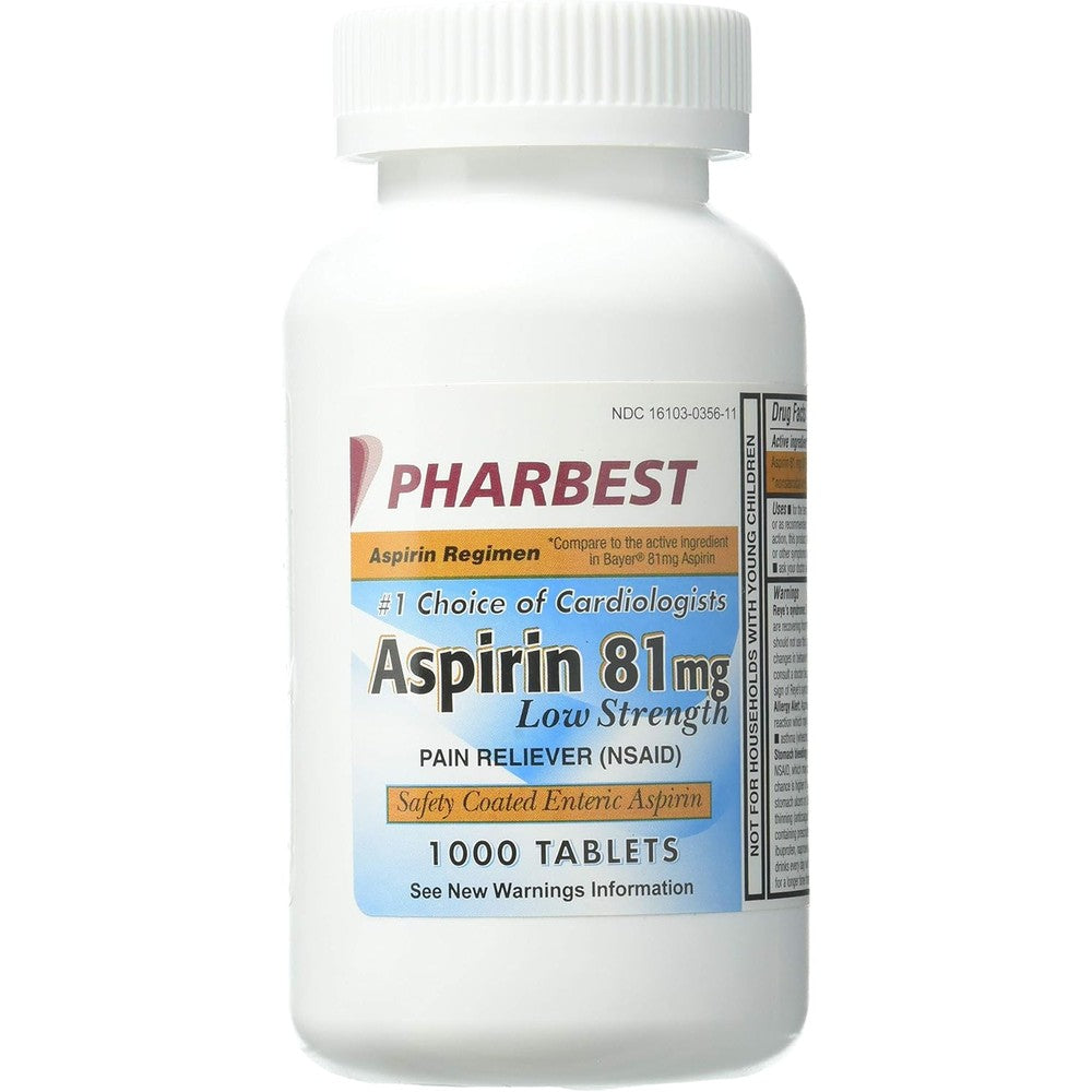 Pharbest Aspirin 81mg 1000 tablets front bottle view low dose pain relief medication
