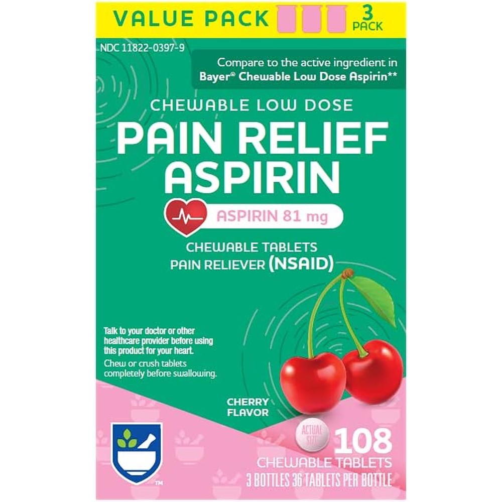 Rite Aid Adult Low Dose Aspirin 81 mg 3-pack front view for daily aspirin regimen