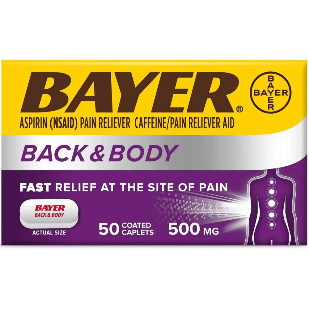 Bayer Extra Strength Back and Body Pain Relief 50 count bottle front view
