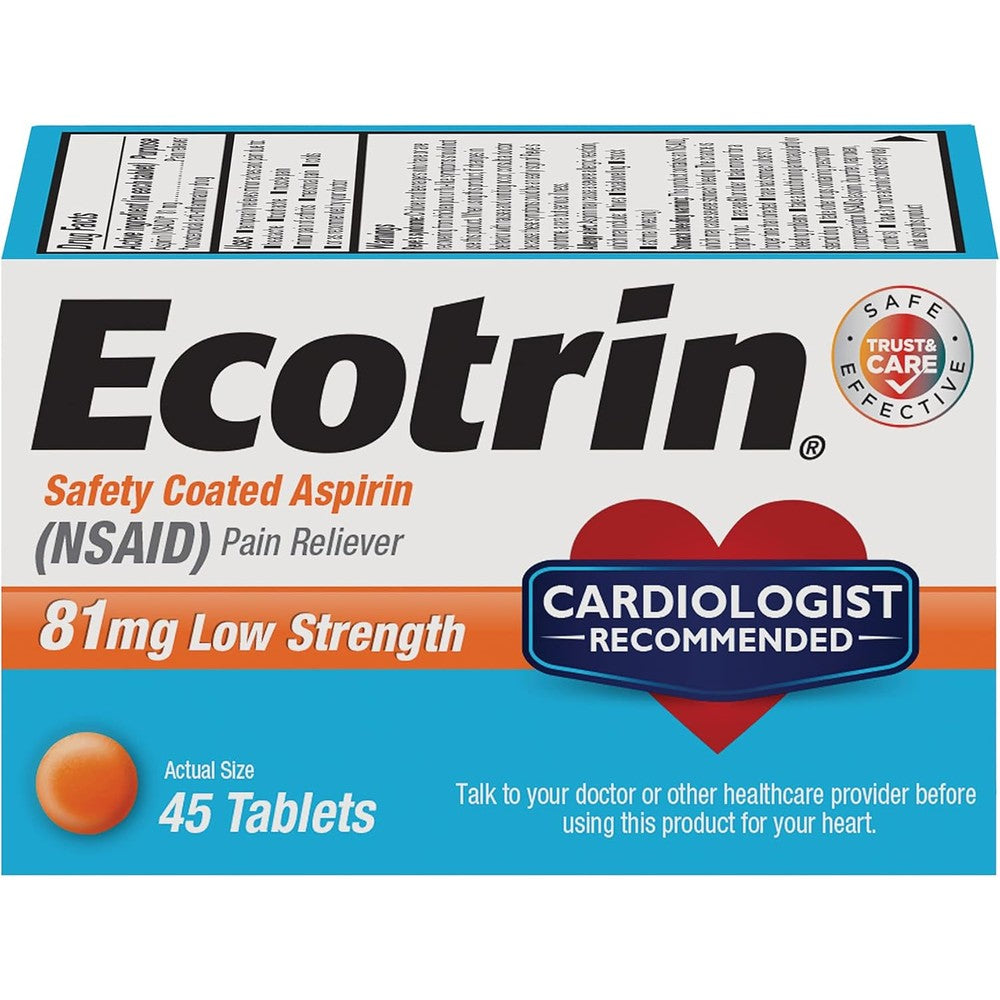 Ecotrin Low Strength Safety Coated Aspirin 81mg 45 count front bottle view for daily heart regimen