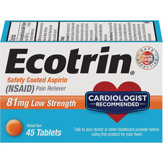 Ecotrin Low Strength Safety Coated Aspirin 81mg 45 count front bottle view for daily heart regimen