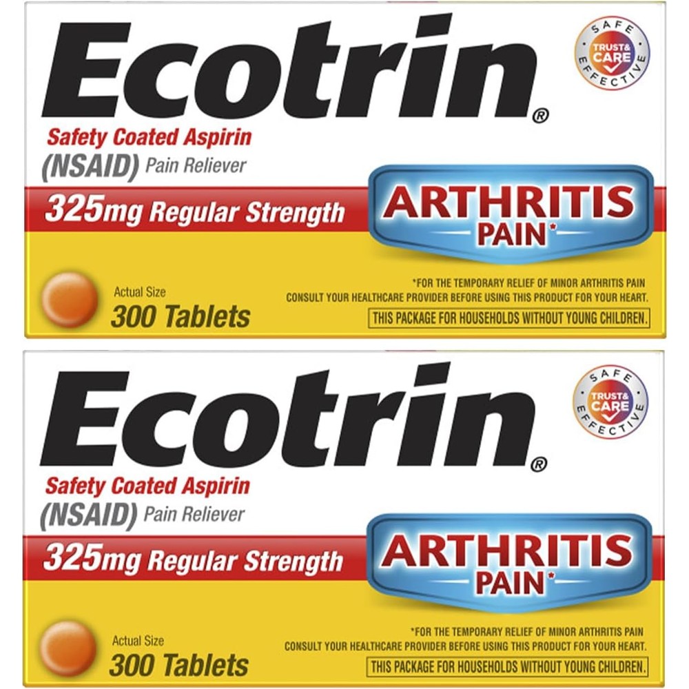 Ecotrin Regular Strength Safety Coated Aspirin 300 tablets bottle front view showing 325mg pain relief label
