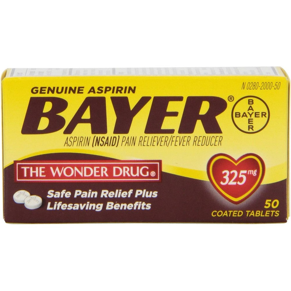 Bayer Genuine Aspirin 325mg pack of 2 front view showing box packaging for fast pain relief