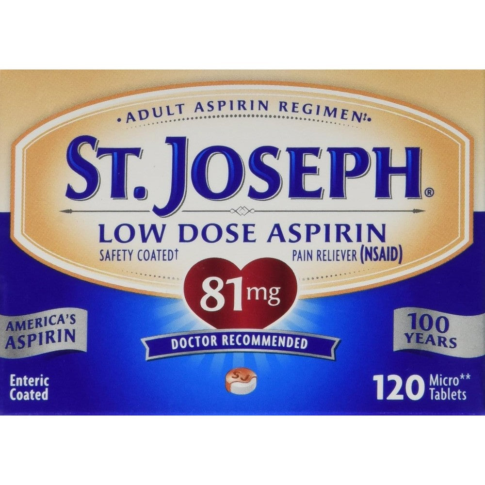 St. Joseph Aspirin 81mg 120 Tablets front bottle view showing enteric safety coating for heart health