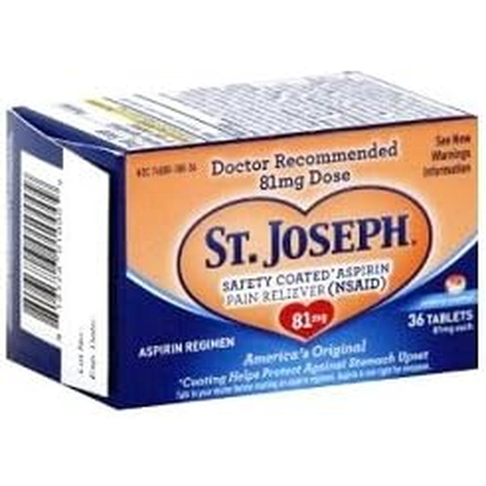 St. Joseph Aspirin Safety Coated 81mg 36 Tablets 2 Pack front view imported low dose adult regimen health care.