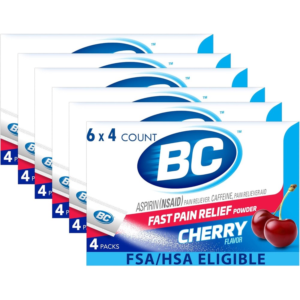 BC Headache Relief Powder front view of cherry flavor stick packs for rapid pain relief