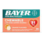 Bayer Chewable Low Dose Aspirin 81 mg front view bottle for daily adult regimen.