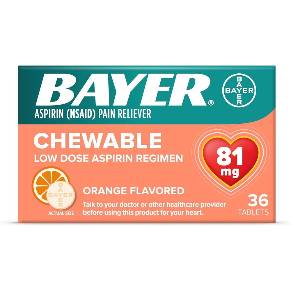 Bayer Chewable Low Dose Aspirin 81 mg front view bottle for daily adult regimen.