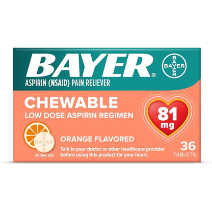 Bayer Chewable Low Dose Aspirin 81 mg front view bottle for daily adult regimen.