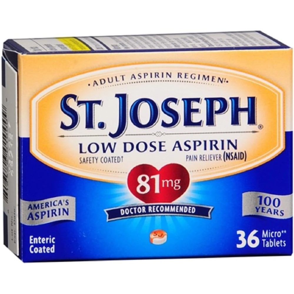 St. Joseph Low Dose Aspirin Enteric Coated 36 Tablets pack of 4 front view showcasing the authentic packaging and 81 mg low dose labeling.