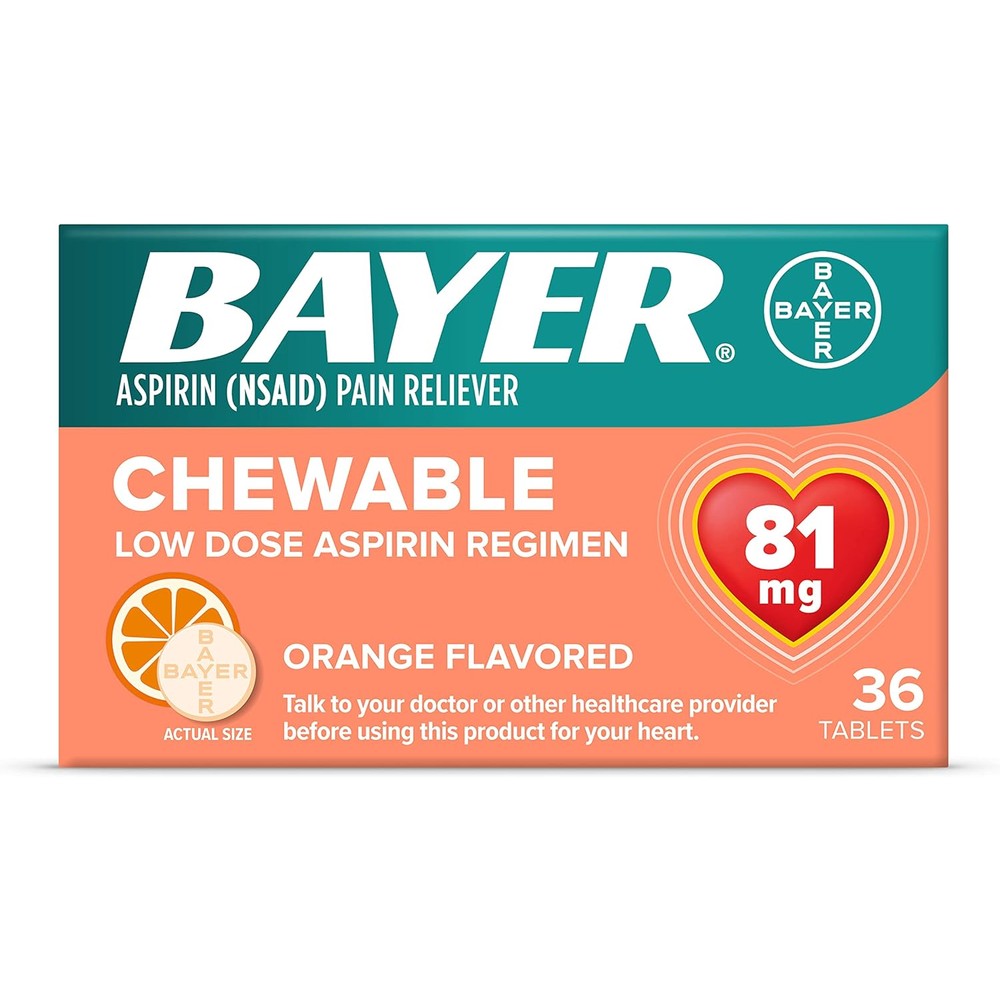 Bayer Chewable Low Dose Aspirin eighty one milligram tablets front packaging view